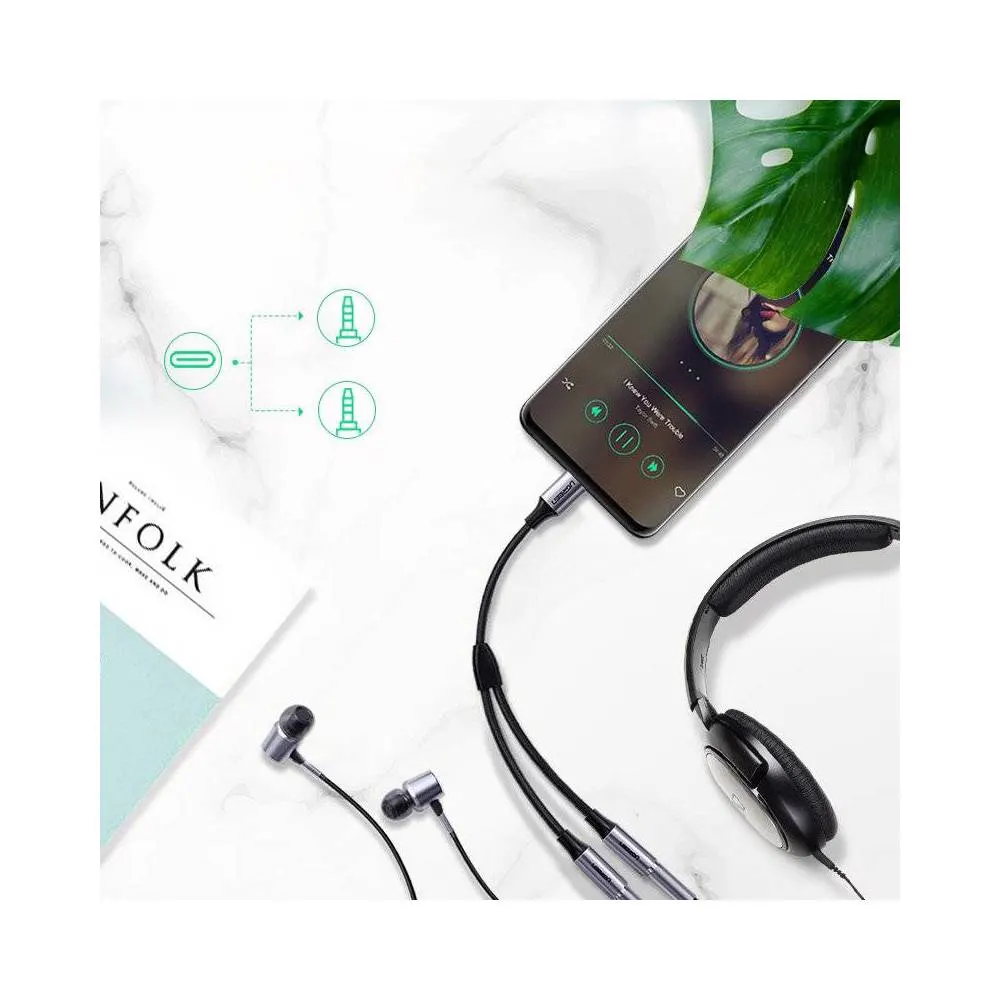 Audio adapter UGREEN AV144 (30732), Type C Male To 2x3.5 mm Female, Audio Cable, 25cm, Space Gray