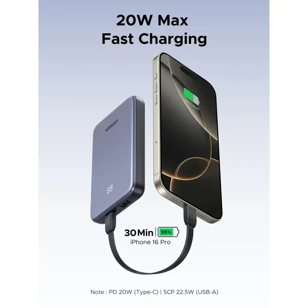 პორტატული დამტენი UGREEN PB507 (75131B) Zapix Series, 10000mAh, Type-C, USB, Fast Charging Power Bank, Space Gray