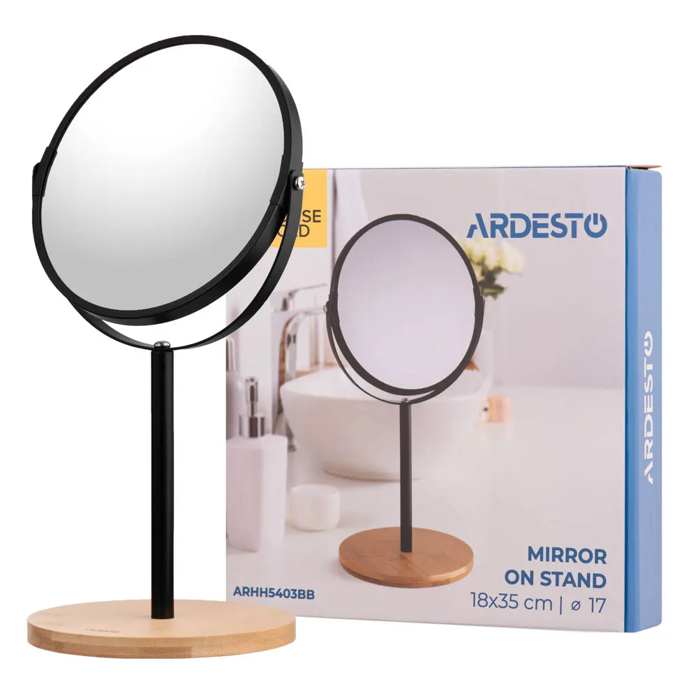 სარკე Mirror on stand Ardesto, 19x15x34.5cm, glass, bamboo, metal, plastic, black