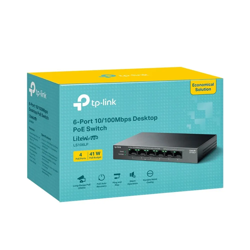 PoE სვიჩი TP-Link, LS106LP, 6-Port 10/100Mbps Desktop Switch with 4-Port PoE, 41 W