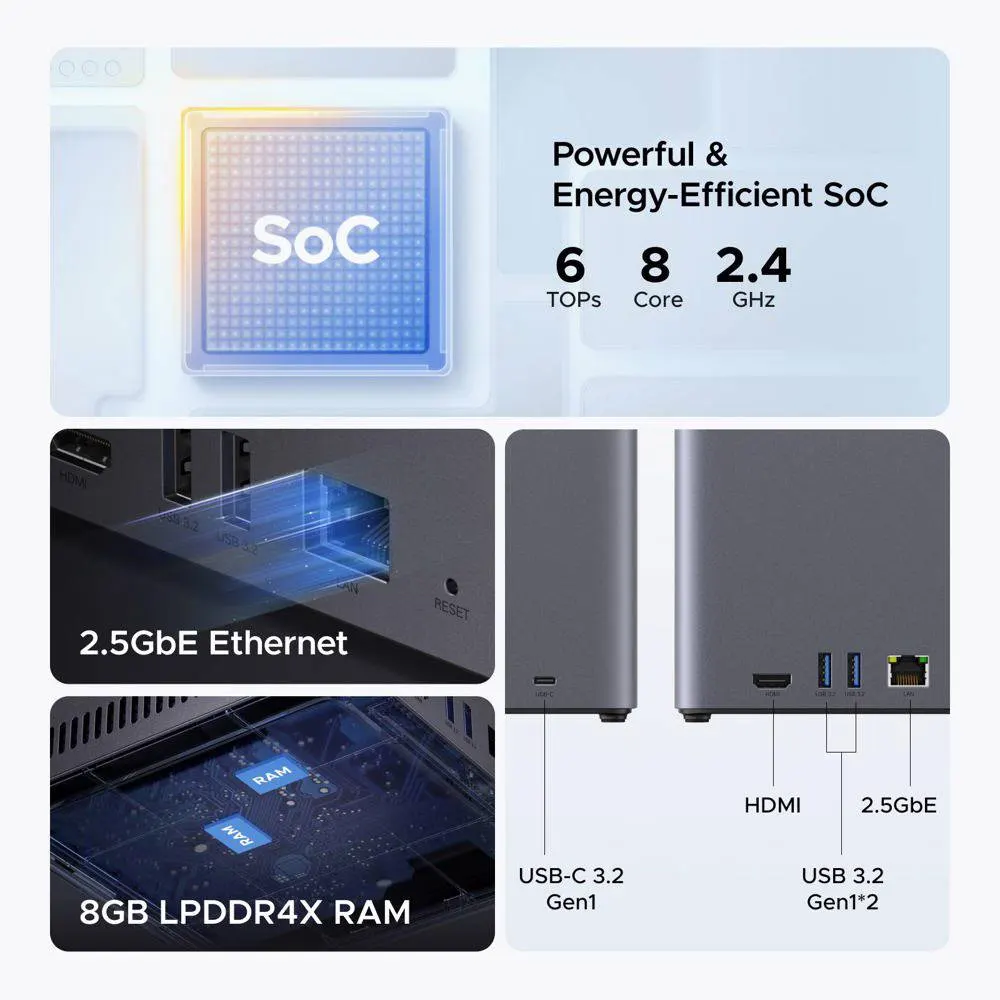 Storage System UGREEN NASync DH4300 Plus (85660), Rockchip A76+A55, 8GB, Diskless, RJ45, USB, Type-C, HDMI, Space Gray
