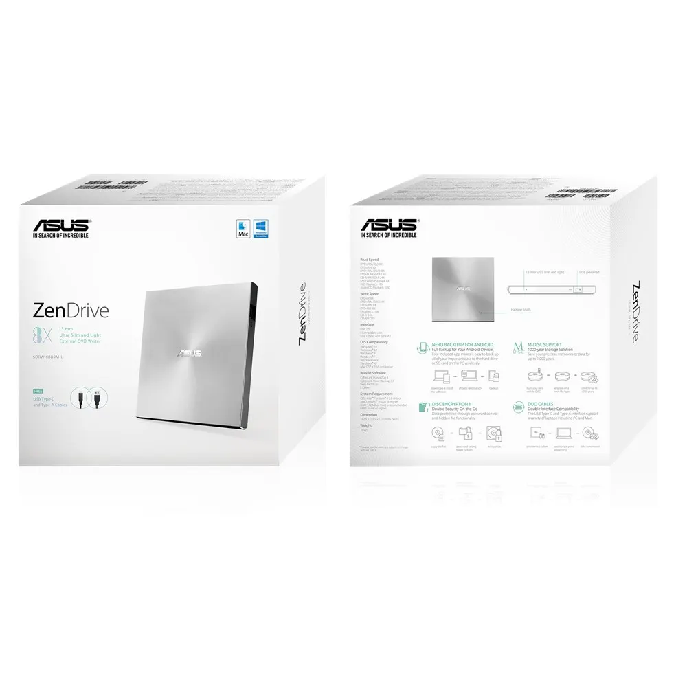 ASUS ODD portable SDRW-08U9M-U DVD+-R/RW burner M-DISC USB2.0 Slim silver Retail Box