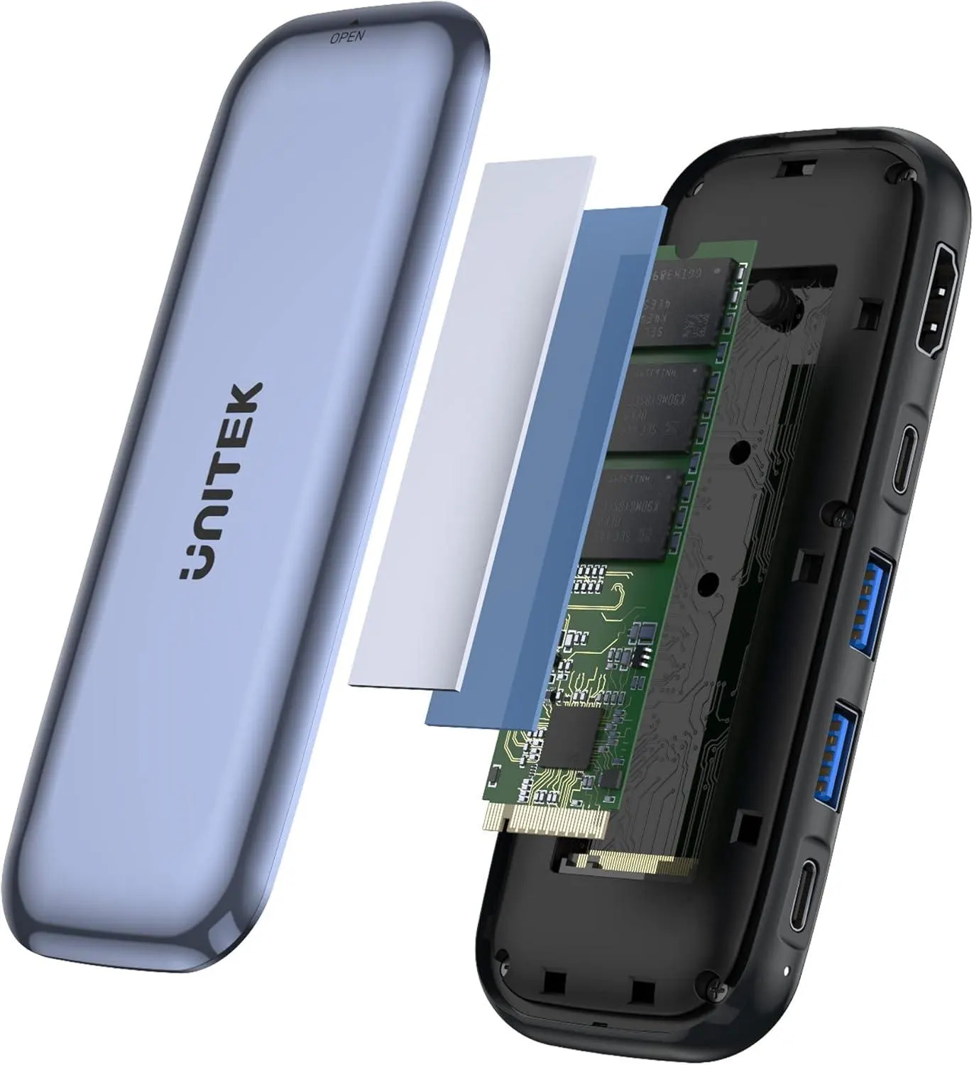 D1046A, UNITEK,6-in-1 USB-C 10Gbps Hub with M.2 SSD Enclosure 2*USB-A+USB-C 10Gbps+PD100W+HDMI 4K60Hz+M.2 PCIe/NVMe SSD