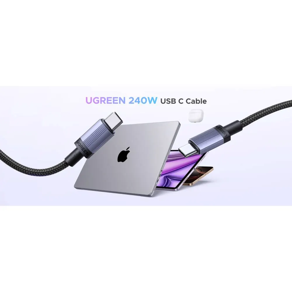 USB კაბელი UGREEN L532 (65907), 240W, Type-C to Type-C PD Fast Charging Cable, 1m, Space Gray