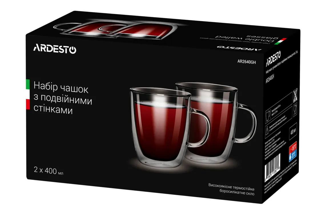 ARDESTO Double wall borosilicate glass mug set, 400 ml, 2 pcs, with handles
