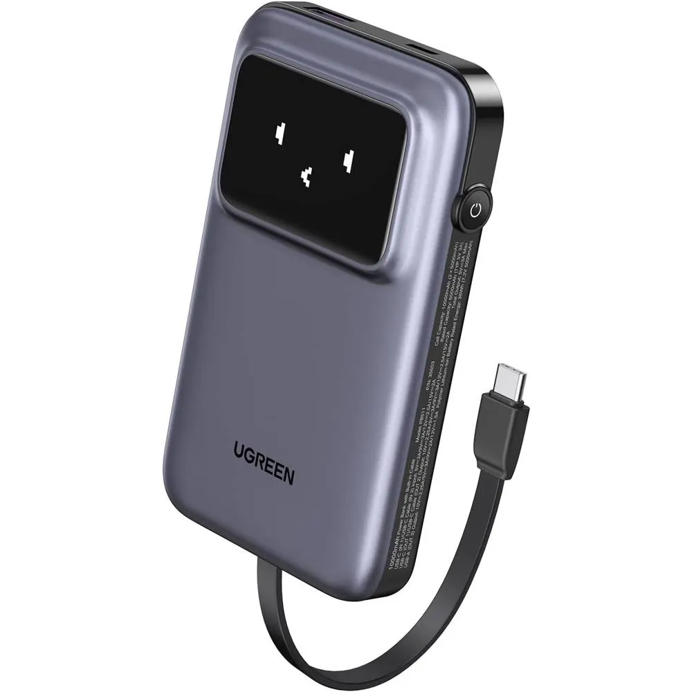 პორტატული დამტენი UGREEN PB511 (35603B) Uno, 10000mAh 30W, USB, Type-C, Power Bank With Built In Cable, Grey
