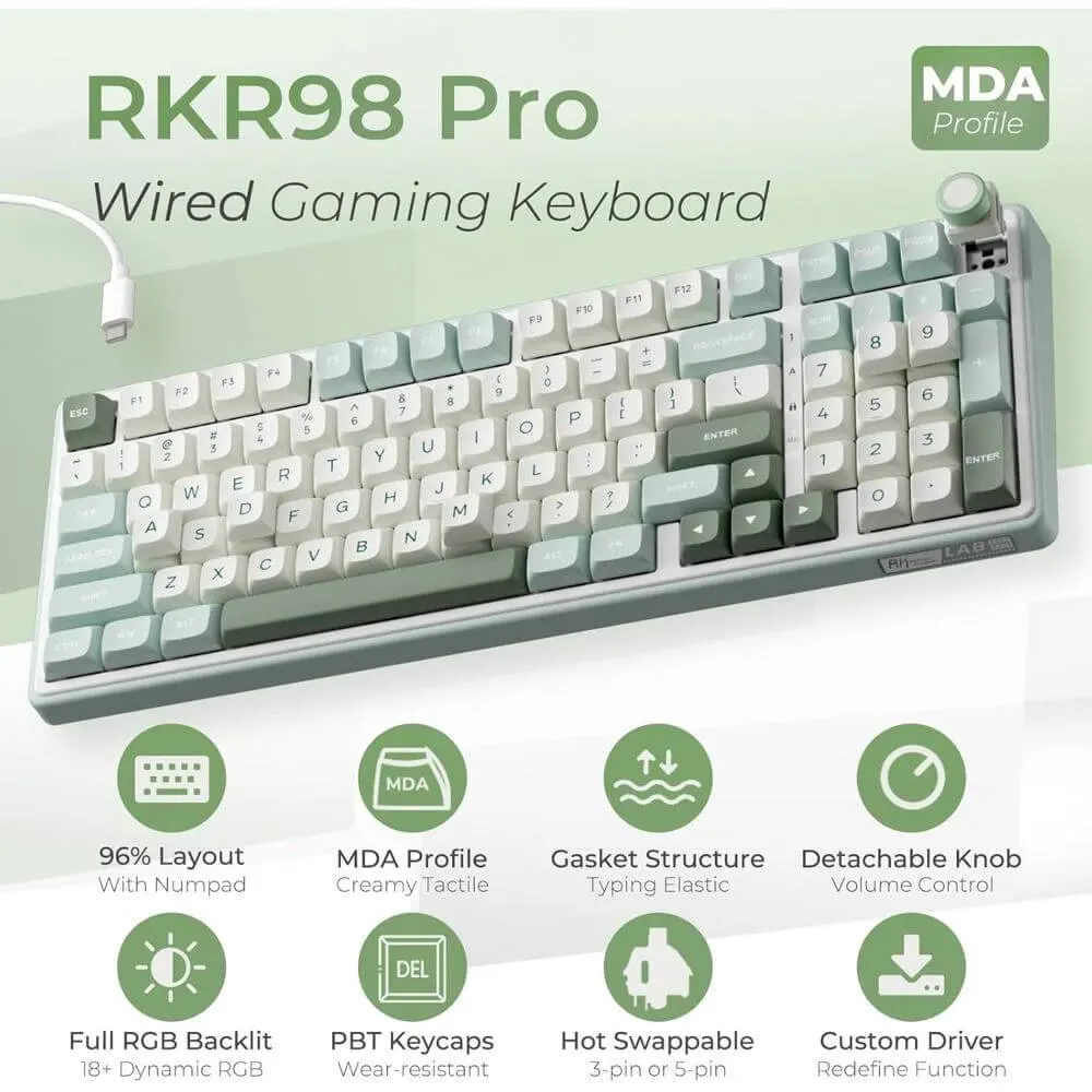 კლავიატურა Royal Kludge RK R98PRO-SK-XW RGB Mechanical Keyboard, Beige Switch, Hot Swappable, Wired, Sky Cyan