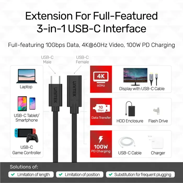 C14086BK-1M,UNITEK Type-C 1M Full-Featured USB Male to Female Extension Cable,USB3.2 CM to C FM,with DATA 10Gbps/Display 4K/P