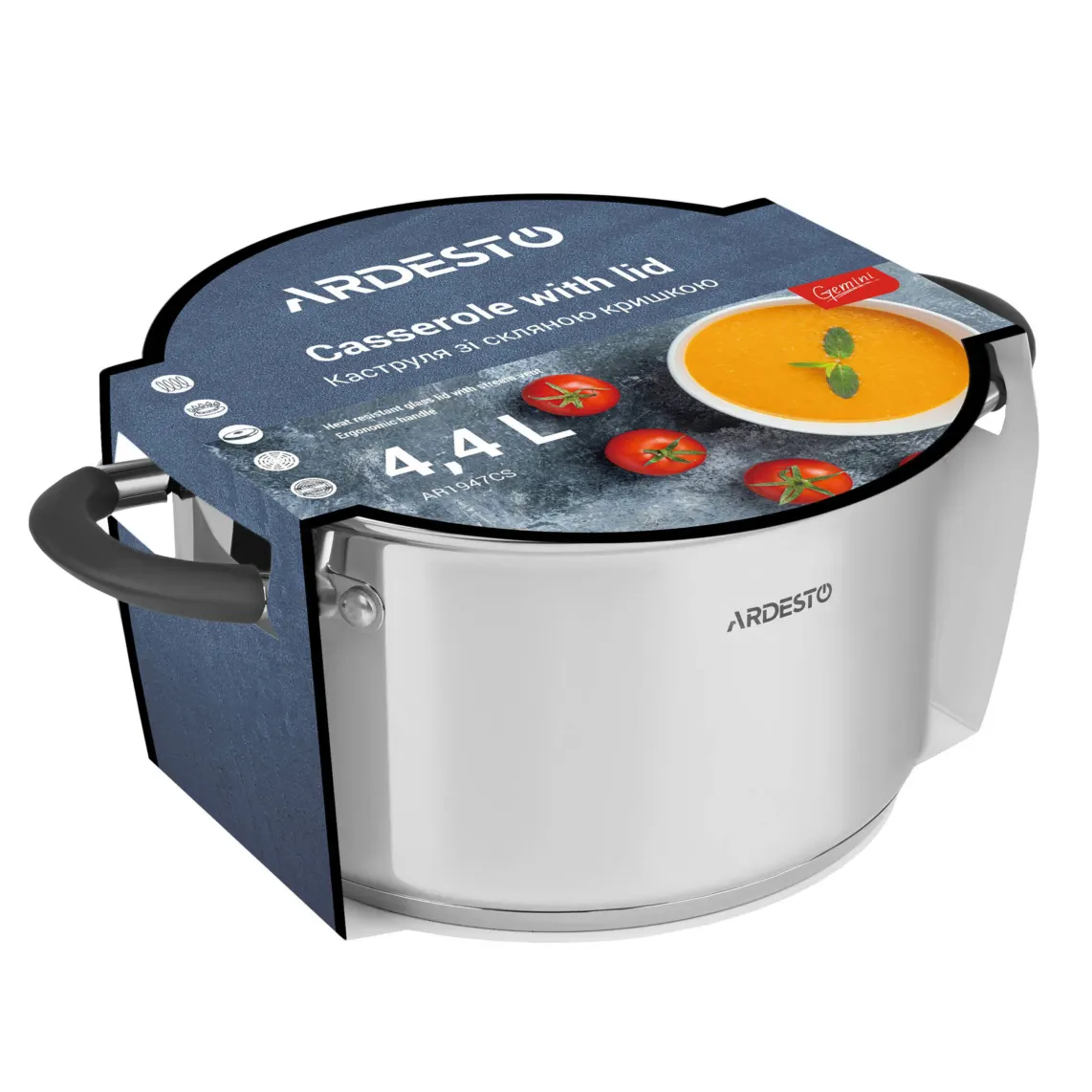 ქვაბი Casserole Ardesto Gemini, glass lid, 4.7 l, gray handles with silicone