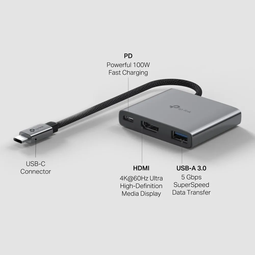 UH3020C, TPLINK, Type C Adapter, Type-C to 4K@60Hz HDMI, 100W Power Delivery, 1× USB-A.