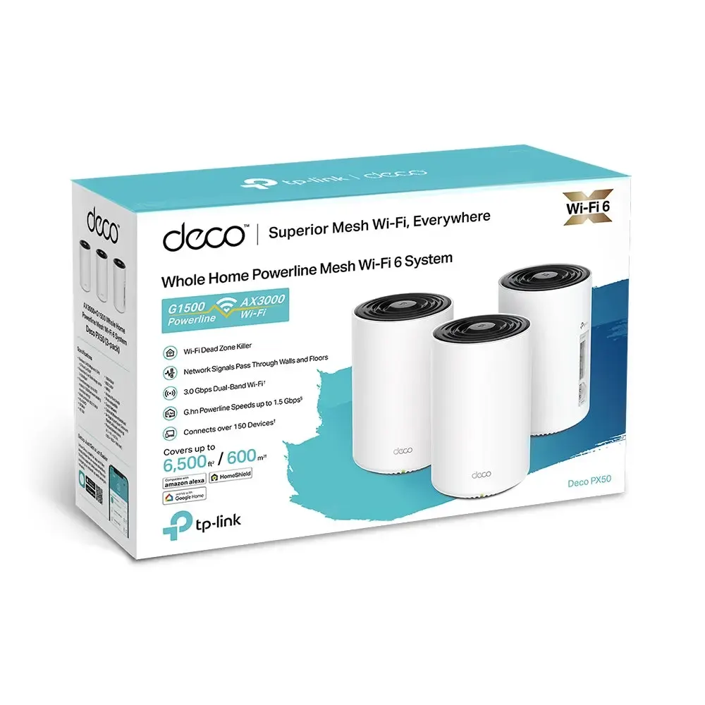 TP-LINK, Deco PX50(3-pack), AX3000+G1500 Whole Home Powerline Mesh Wi-Fi 6 System