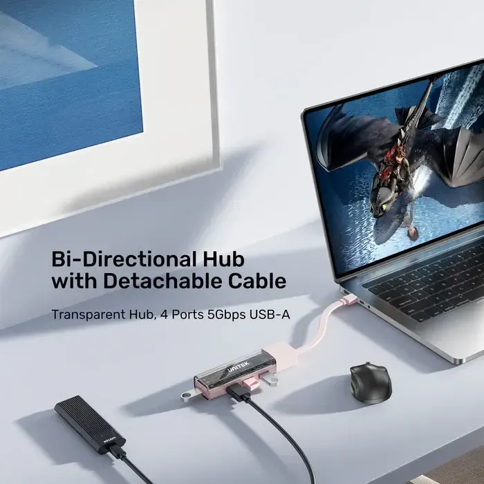 H1319AWH01, UNITEK, USB HUB, Bi-Directional Hub(with Detachable Cable), USB-C/USB-A 5Gb Hub (4*USB-A).