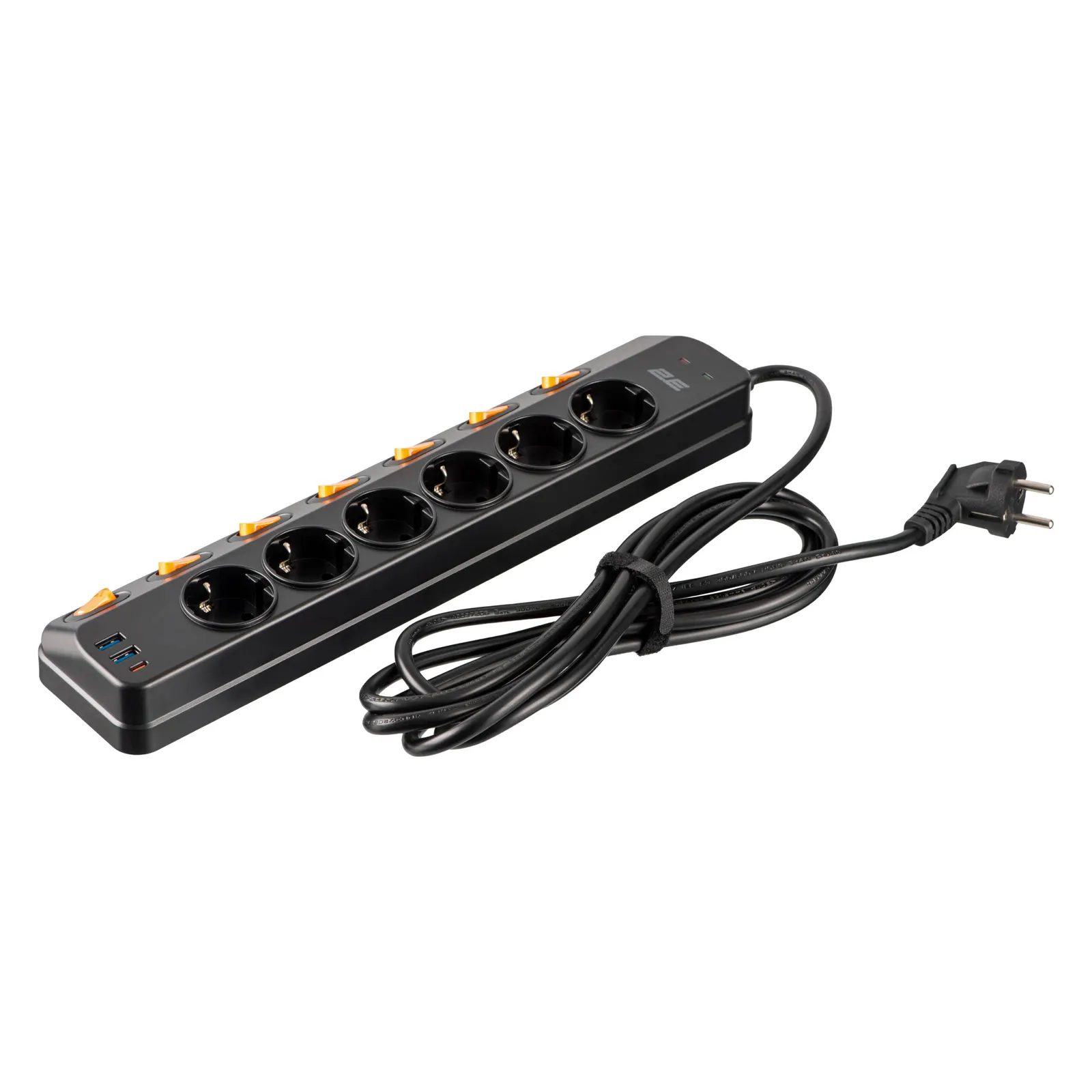 დამაგრძელებელი 2E Power strip with surge protection, 3m, 6xTypeF, 16A, 2xUSB-A, 1xUSB-C, black