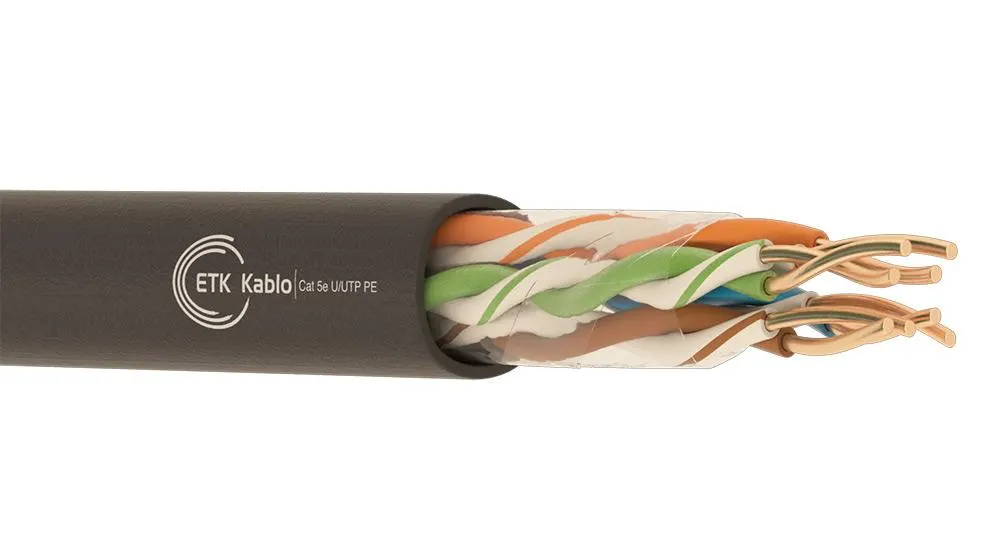 ქსელის კაბელი - Cat5e UTP 24AWG 100% სპილენძი გარე გამოყენების 305 მეტრი, Etk kablo Cat 5e U/UTP 4x2x24 AWG PE-305M