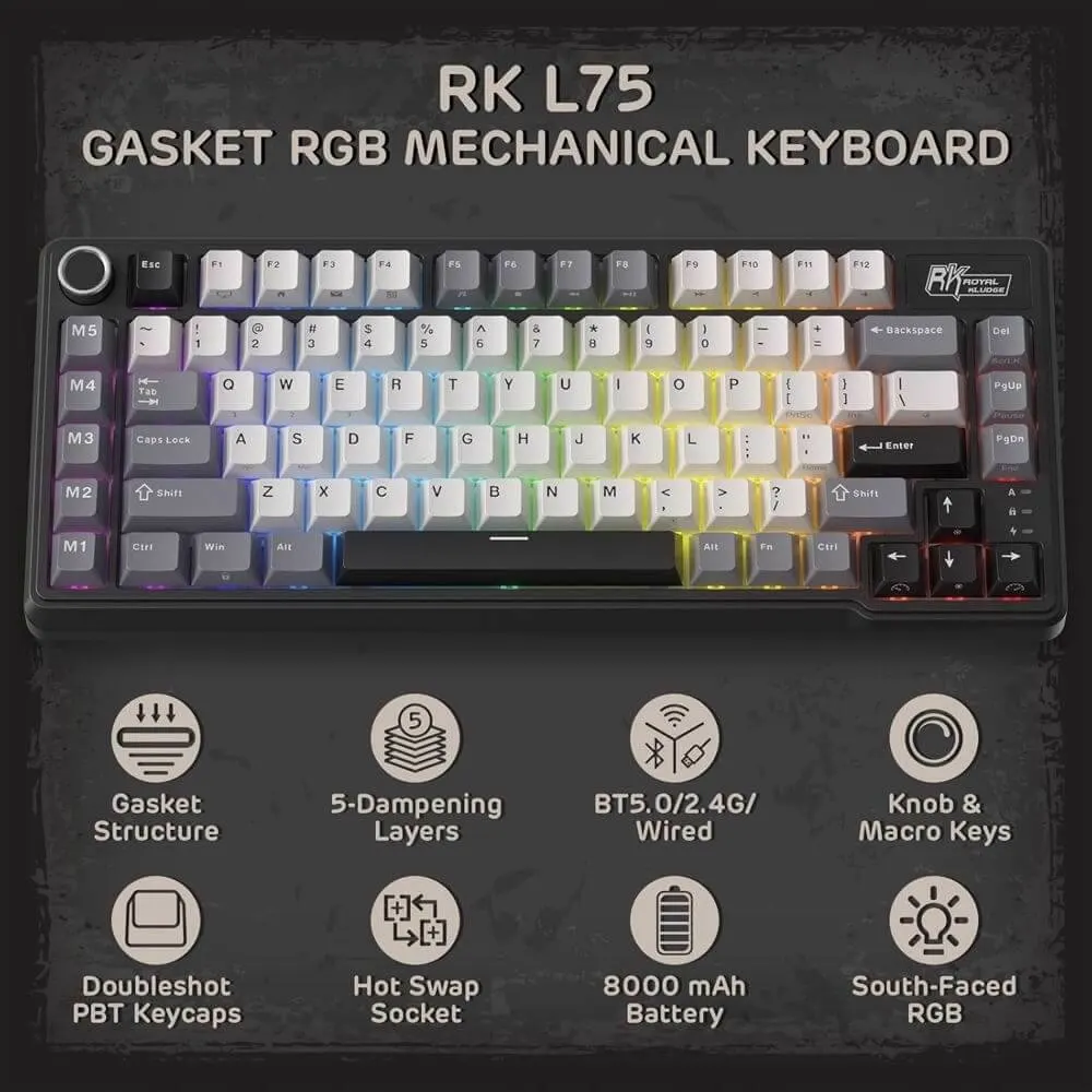 Royal Kludge RK L75-KB-XW RGB Mechanical Keyboard, Beige Switch, Hot Swappable, Wireless, Type-C, Bluetooth, 2.4GHz, Knight Black