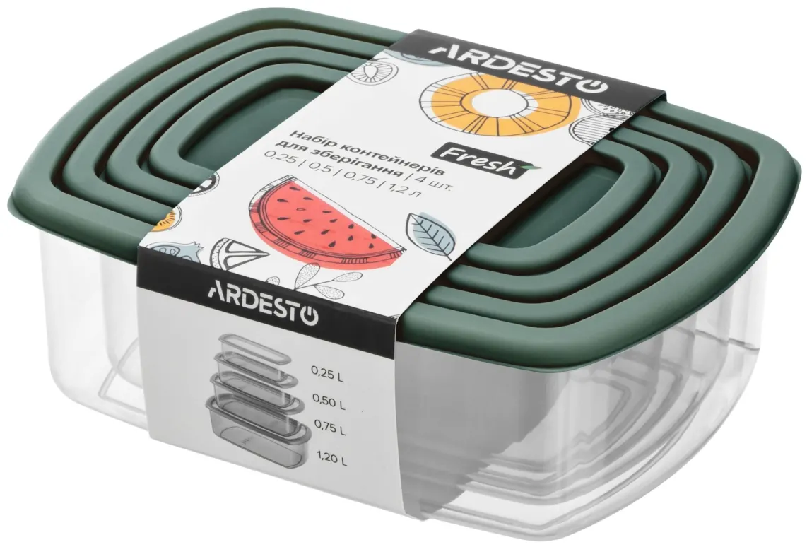 საკვების კონტეინერი ARDESTO Set of food storage containers Fresh 0.25/0.5/0.75/1.2l, plastic, rectangular, green