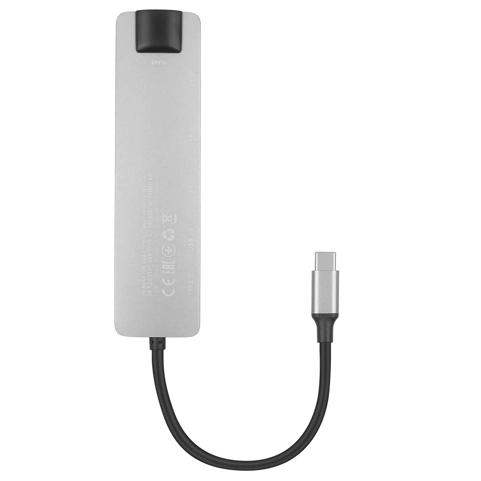 Type-C ჰაბი 2E Hub USB-C > 2xUSB-A 2.0/USB-A 3.0/USB-C PD/HDMI/Ethernet, 0.15m, silver