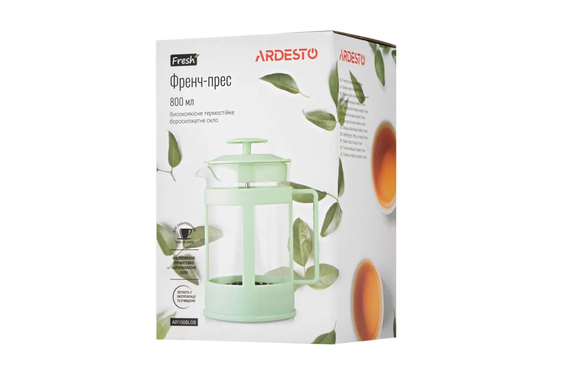 ჩაიდანი Ardesto French press Fresh, 800ml, borosilicate glass, plastic, transparent, light green
