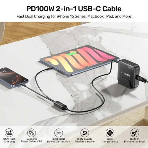 Type-C კაბელი C14146A, UNITEK, Cable, PD100W 2-in-1 USB-C Charging Cable 1.8M .