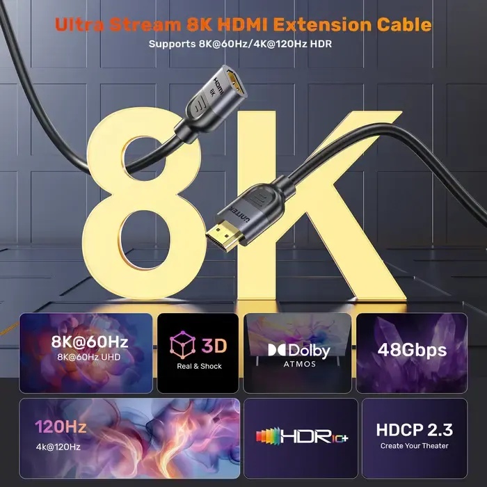 C11091A, UNITEK, Cable, 8K 60Hz HDMI 2.1 Male to Female Extension Cable 3M, .