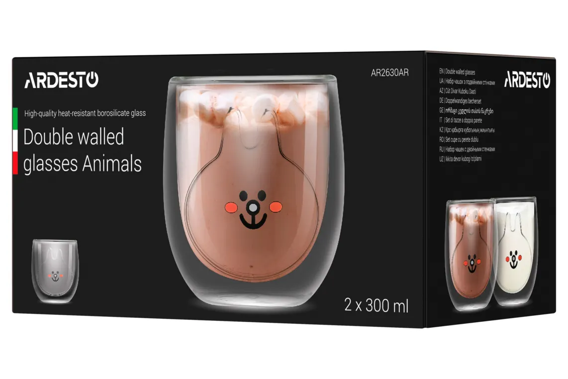 Ardesto Double wall borosilicate glass mug set Animals, 300 ml, 2 pcs