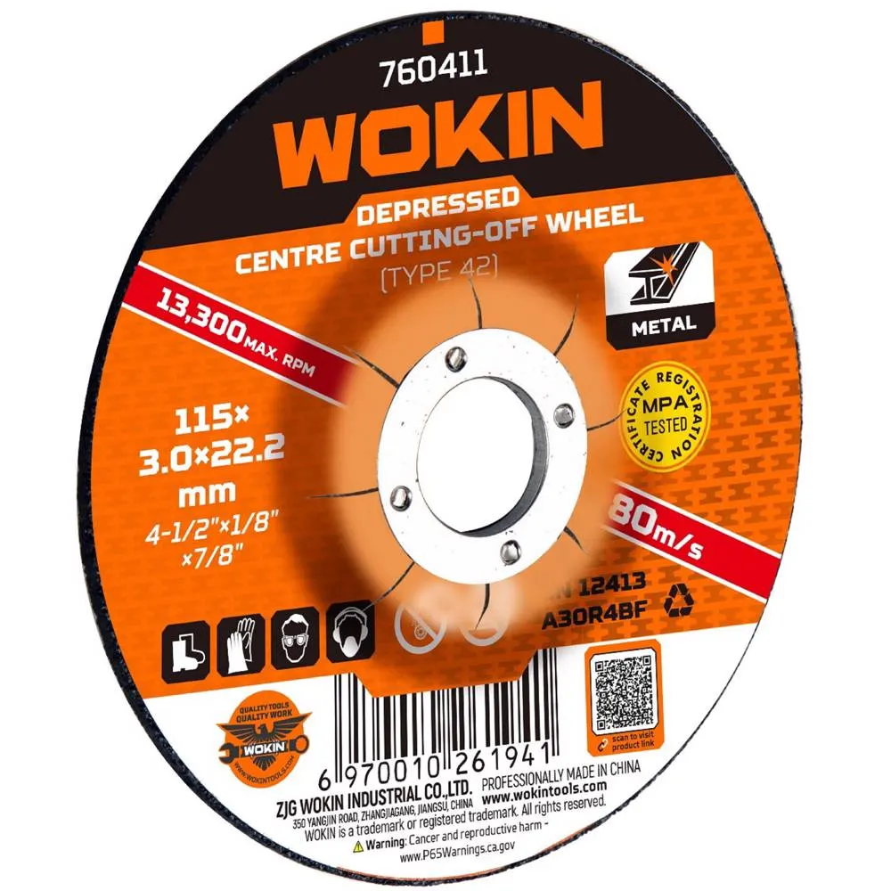 Metal cutting disc Wokin 760411, 115X3.0X22.2mm, Depressed Centre Cutting-Off Wheel (METAL), Orange