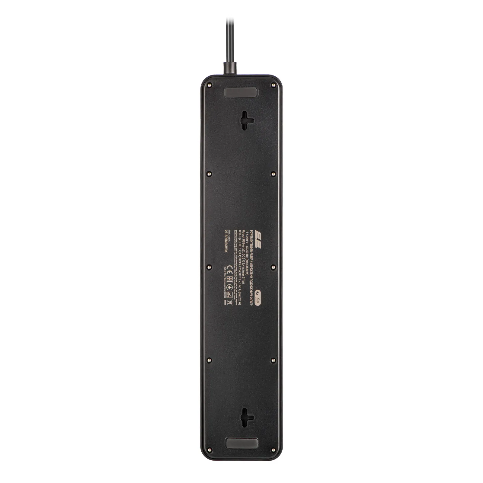 დამაგრძელებელი 2E Power strip with surge protection, 3m, 6xTypeF, 16A, 2xUSB-A, 1xUSB-C, black