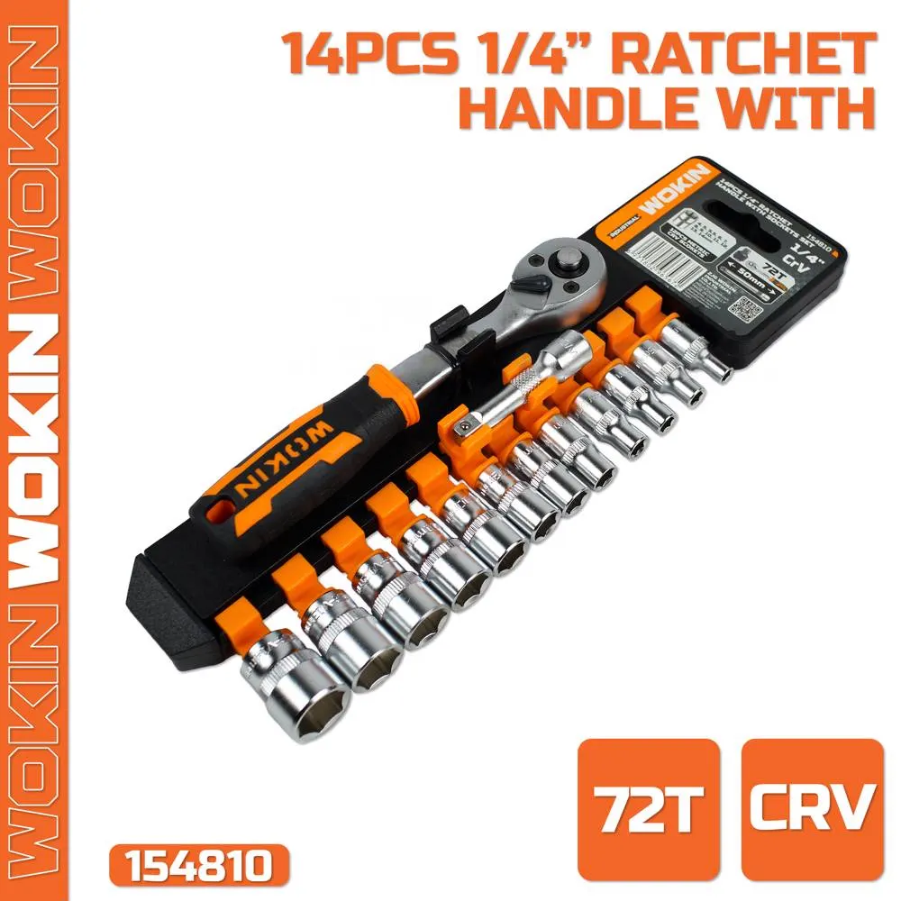 Wokin 154810, 1/4″, 14Pcs, Drive Ratchet Handle With Sockets Set (INDUSTRIAL), Silver