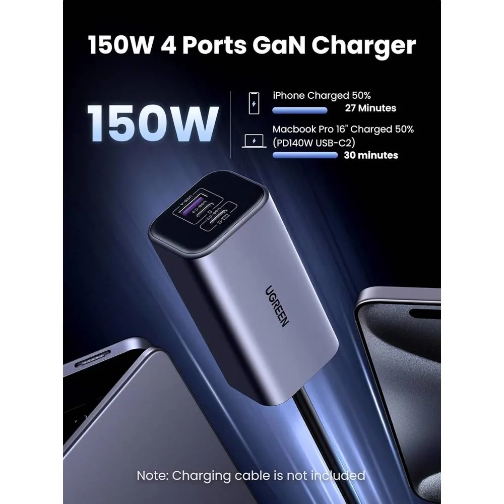 მანქანის დამტენი UGREEN EC706 (35571), 150W, Type-C, USB, Car Charger, Grey