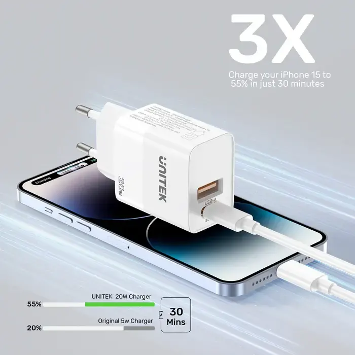 P1124AWH01-EU, UNITEK, 20W 2-Port Wall Charger (USB-A QC + USB-C PD), White