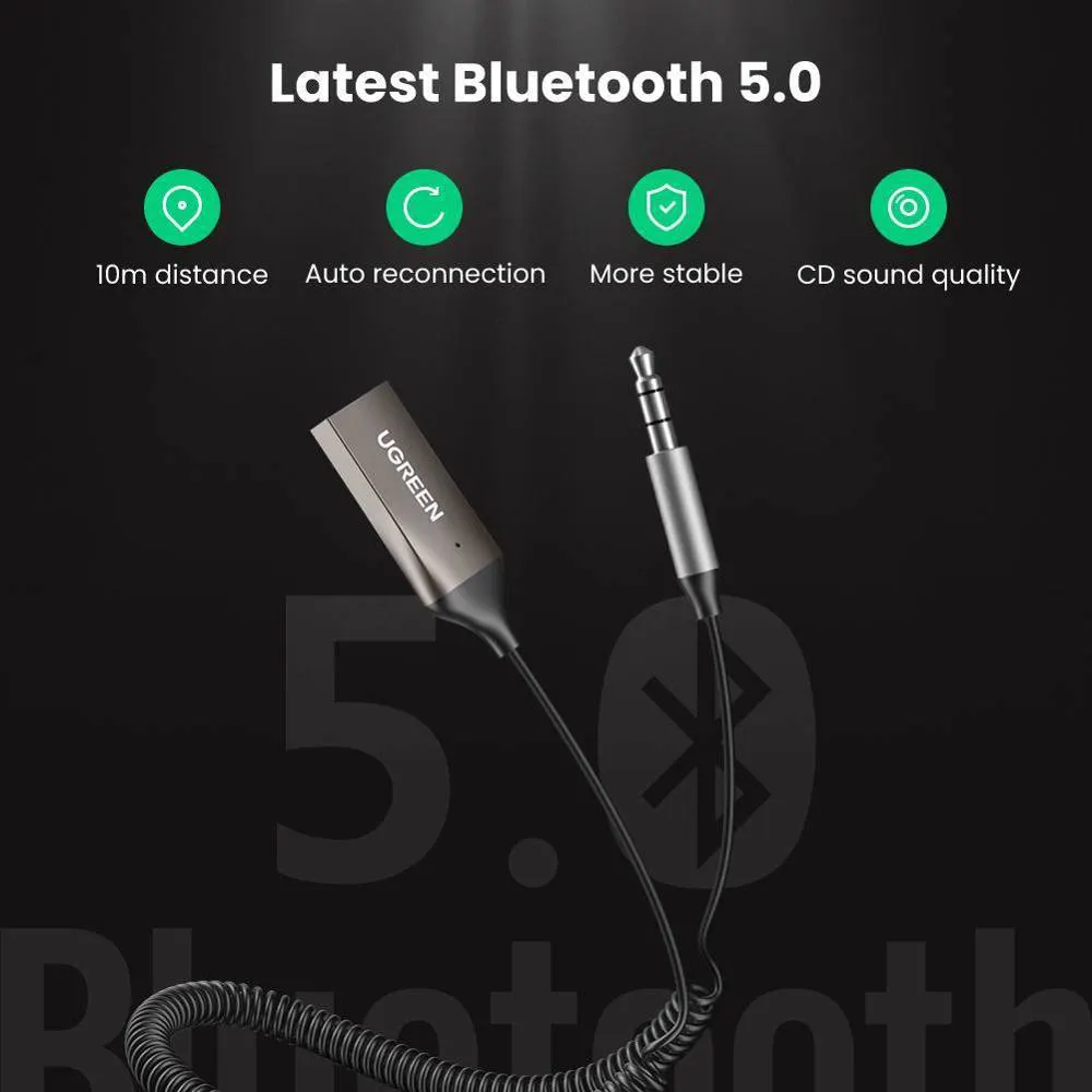 Bluetooth მიმღები UGREEN CM309 (70601), USB to Aux Car Bluetooth 5.0 Receiver, Audio Adapter, Black