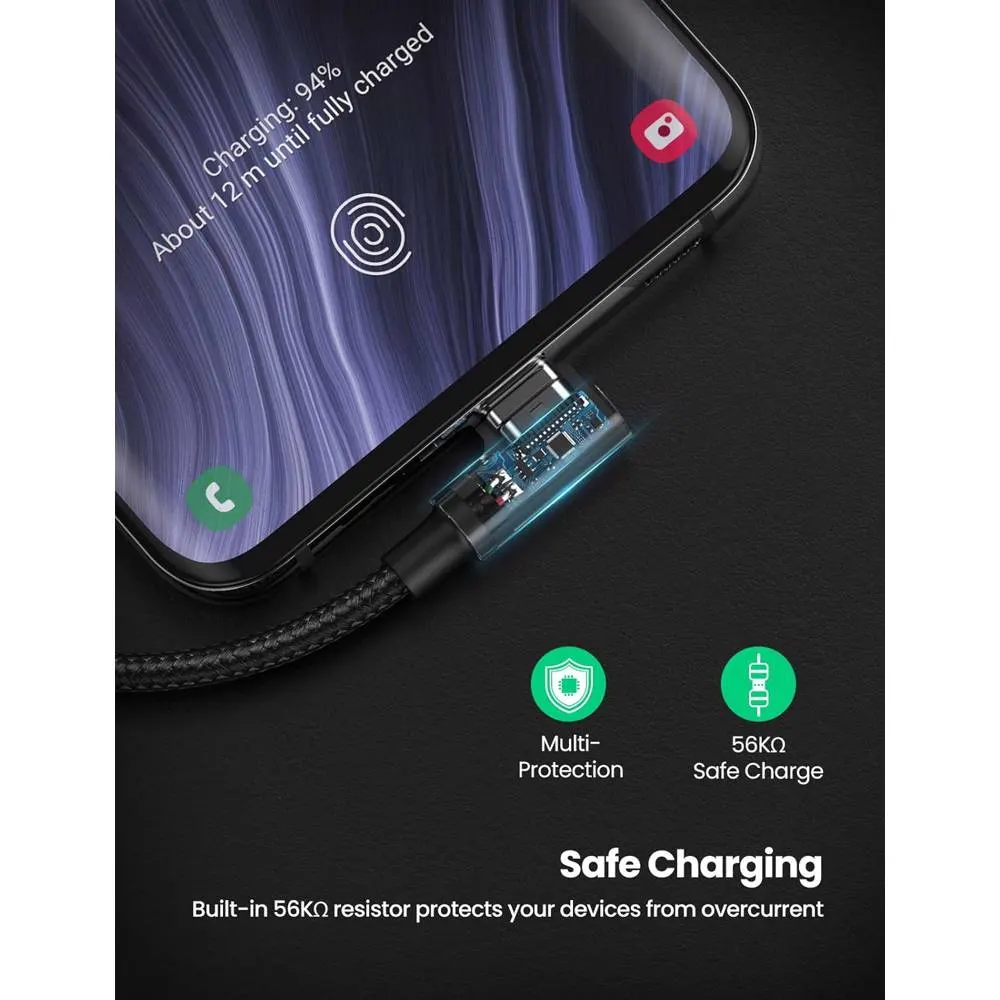 USB კაბელი UGREEN US176 (20855), 18W, USB-A to Type-C 90 Degree, 0.5m, Space Gray
