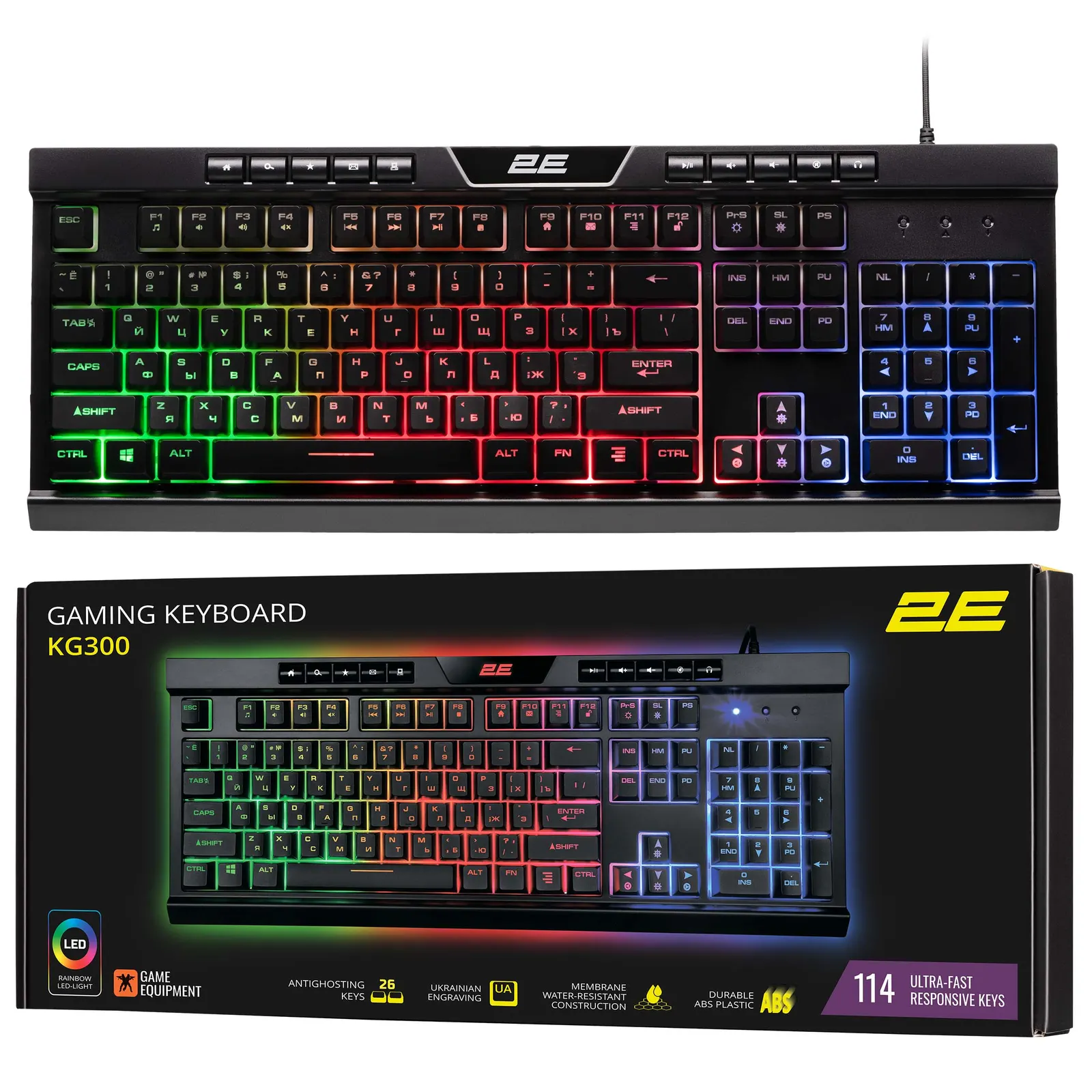 კლავიატურა 2E GAMING Membrane keyboard KG300 114key, USB-A, EN/RU, LED, black
