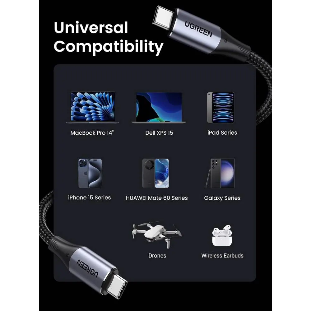 ვიდეო კაბელი UGREEN US355 (80150), 4K Video Cable , 100W, Type-c To Type-c 3.2 Gen 2 Cable, 1m, Black