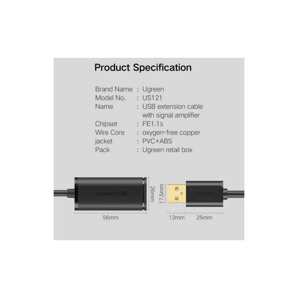 Ugreen US121 (10324) USB 2.0 Active Extension Cable with Chipset 20m (Black)
