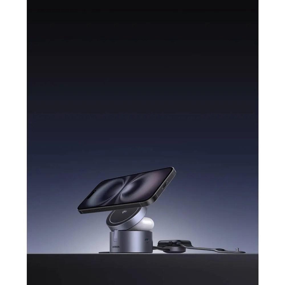 უსადენო დამტენი UGREEN W712 (65148) Magflow Qi2.2, 15W, 3in1 Wireless Charger, Grey