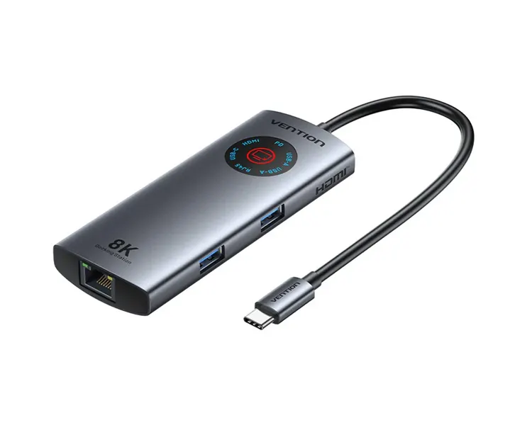 დოქ სადგური Vention TQZHB 6-in-1 USB-C 8K/30Hz Docking Station 5Gbps 100W PD With Smart Led Display 0.15m Aluminum