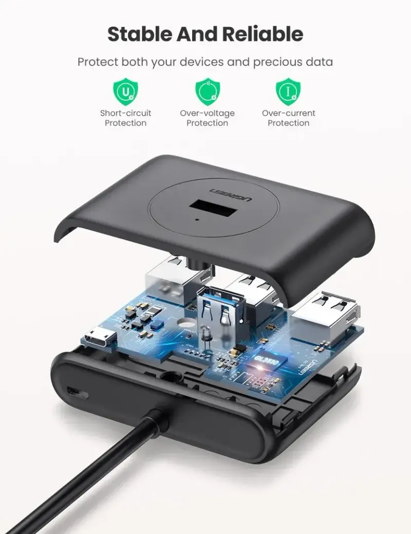 USB ჰაბი CR113 UGREEN USB 3.0 4 Ports Hub with 2.0 OTG Black 1M (20291)