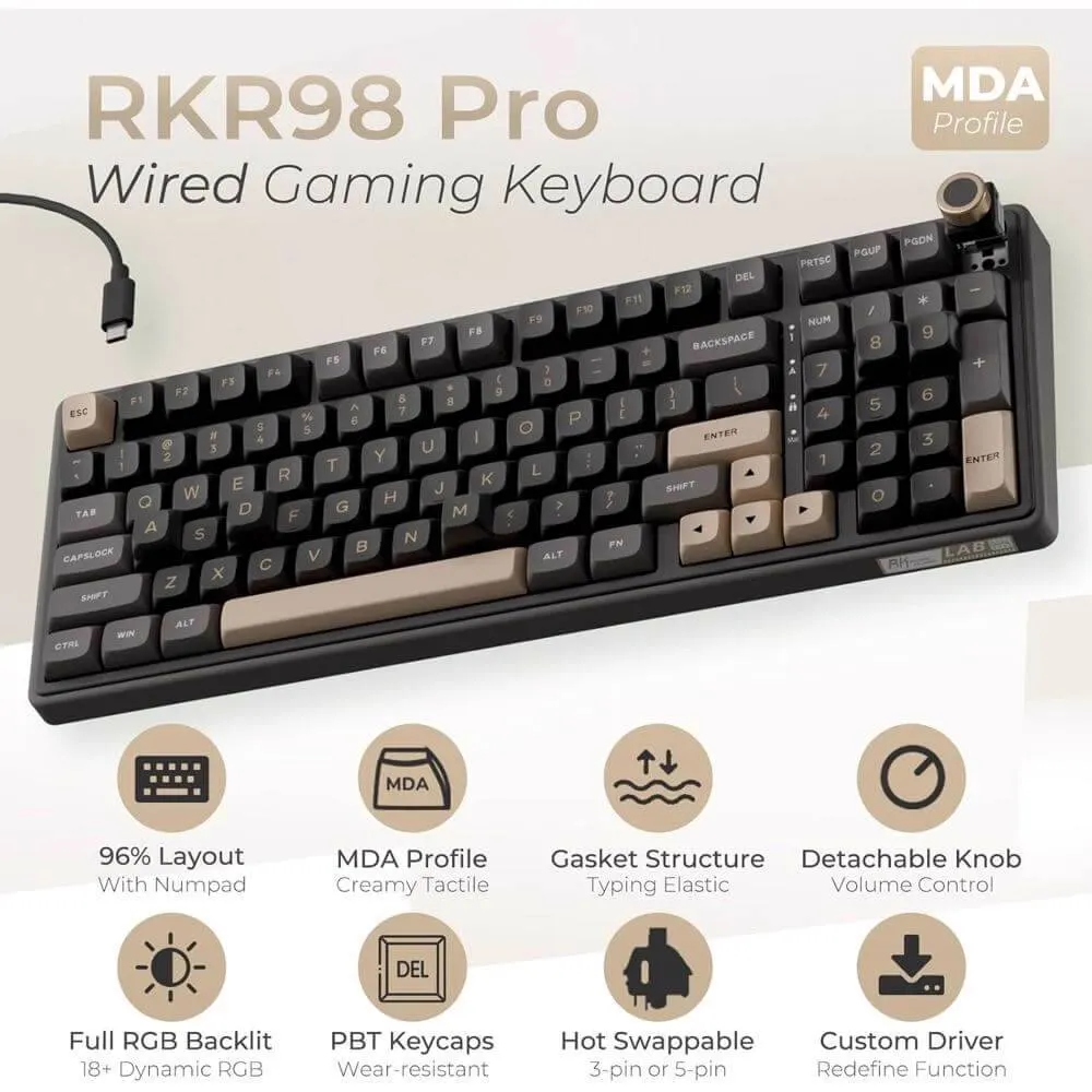 Royal Kludge RK R98PRO-PT-XW RGB Mechanical Keyboard, Beige Switch, Hot Swappable, Wired, Phantom