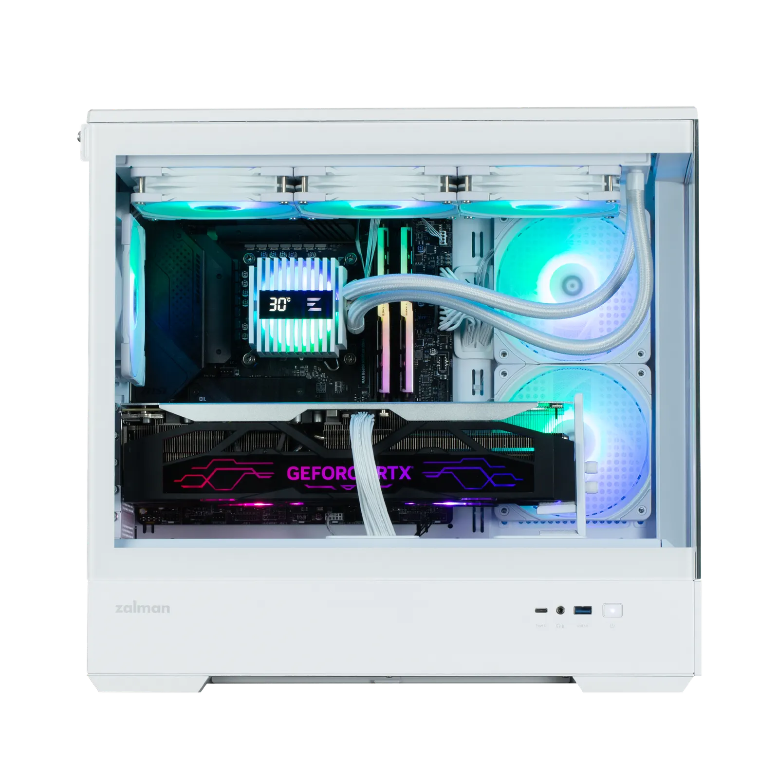 ქეისი Zalman Computer case P30 White V2, without PSU, 1xUSB3.0, 1xUSB Type-C, 3x120mm ARGB, TG Front/Side Panel, mATX, White