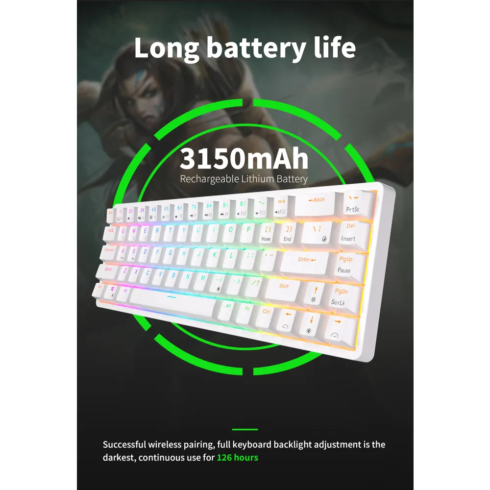 Royal Kludge RK G68 RGB Mechanical Keyboard, Red switch, Hot Swappable, Wireless, USB Type-C, 2.4 GHz, Bluetooth, White