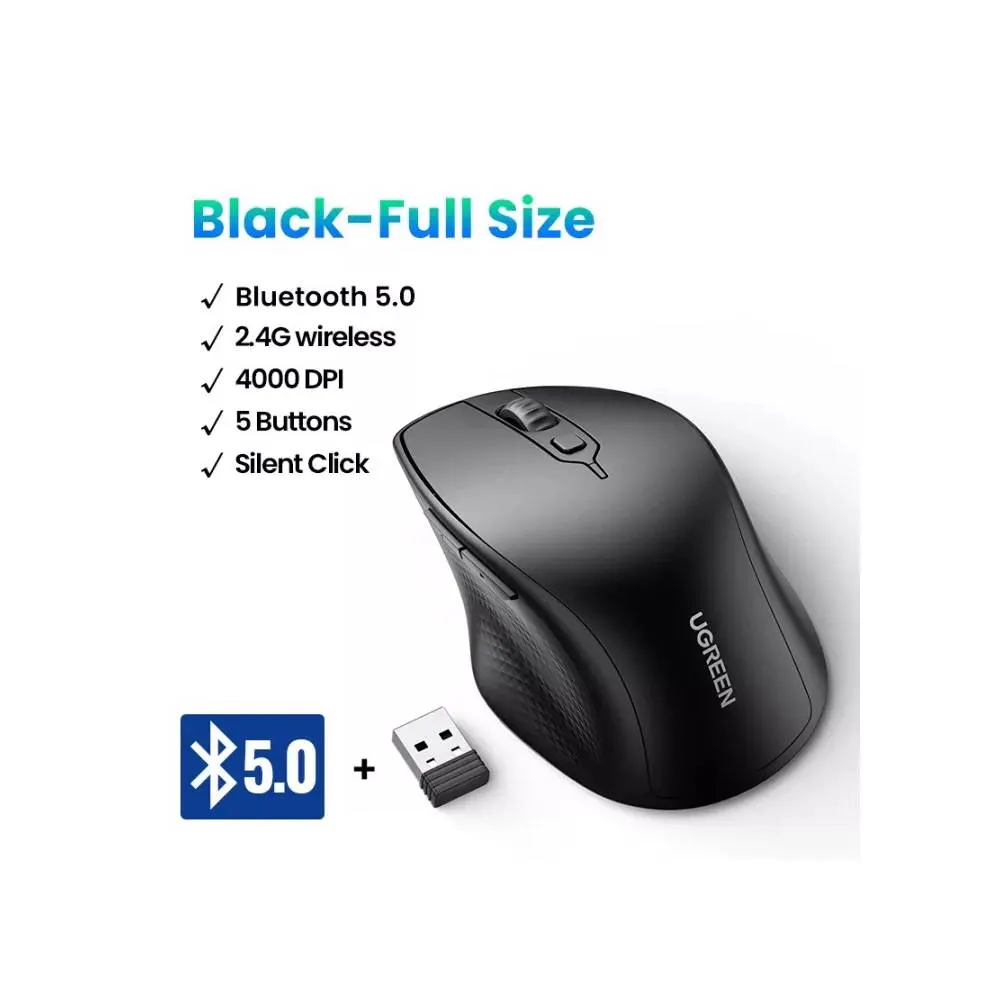 მაუსი UGREEN MU101 (90395), Ergonomic Wireless 2.4G Mouse, Bluetooth, 4000DPI, Silence Design, Black