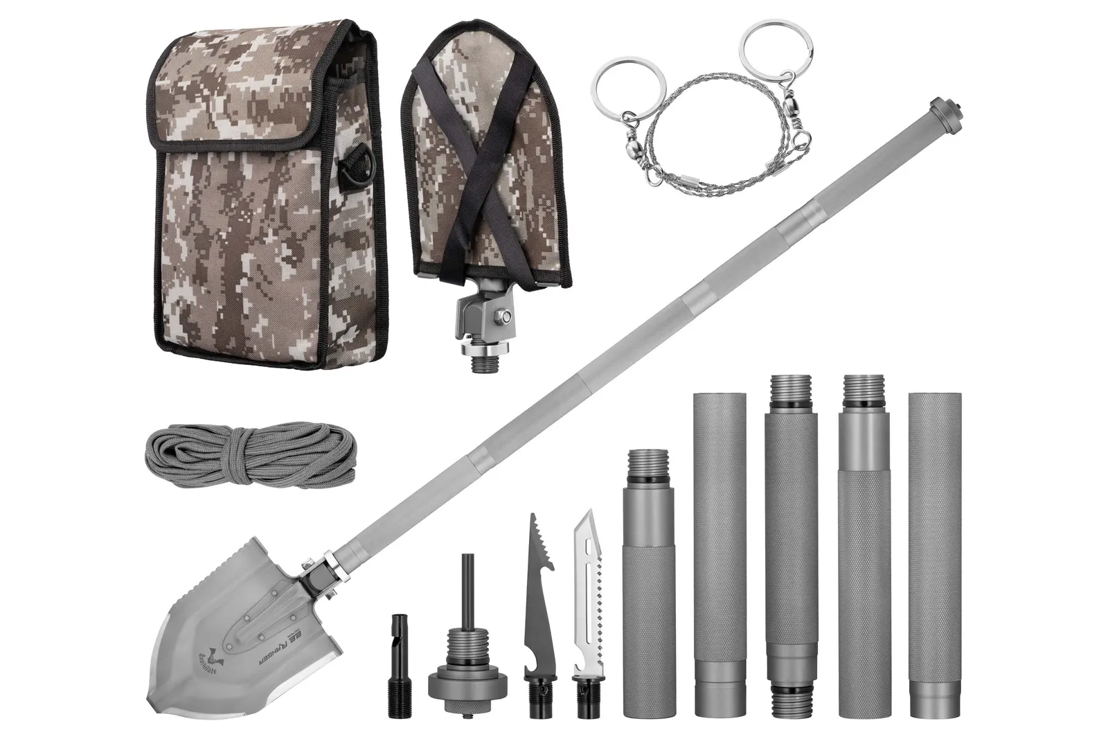 ნიჩაბი 2E Multitool tactical shovel Ranger Steel Gray collapsible, 22 in 1, with cover included, 103 cm max., 1.6 kg