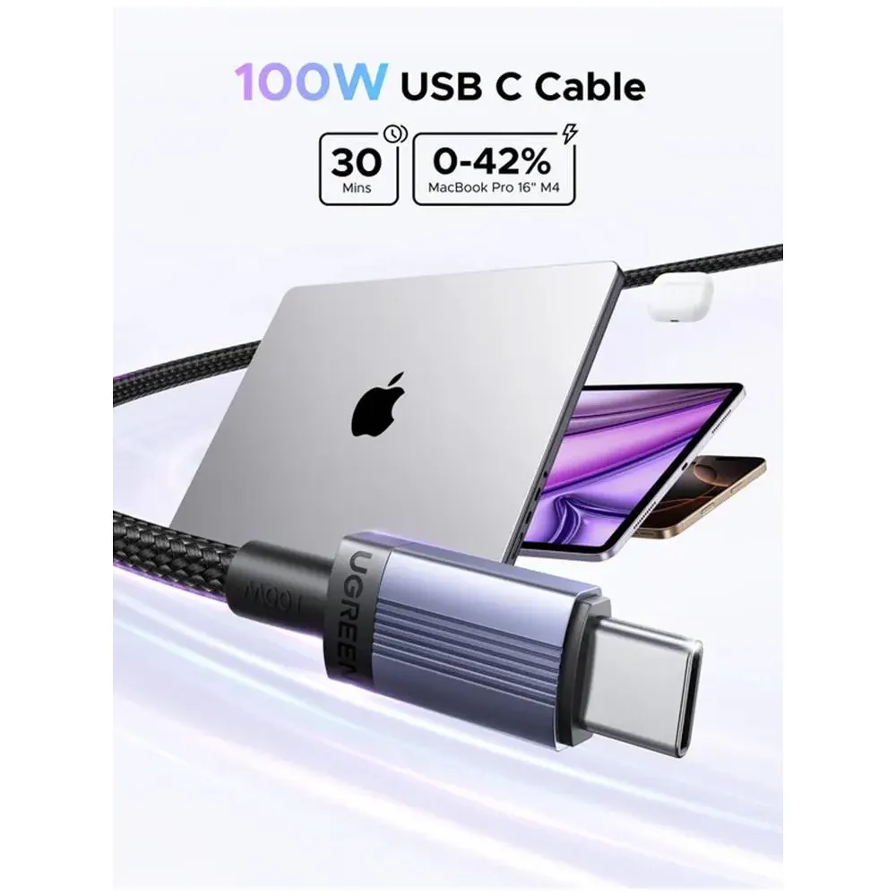 UGREEN L528 (65832), 100W, Type-C to Type-C Cable, 1m, Grey/Black