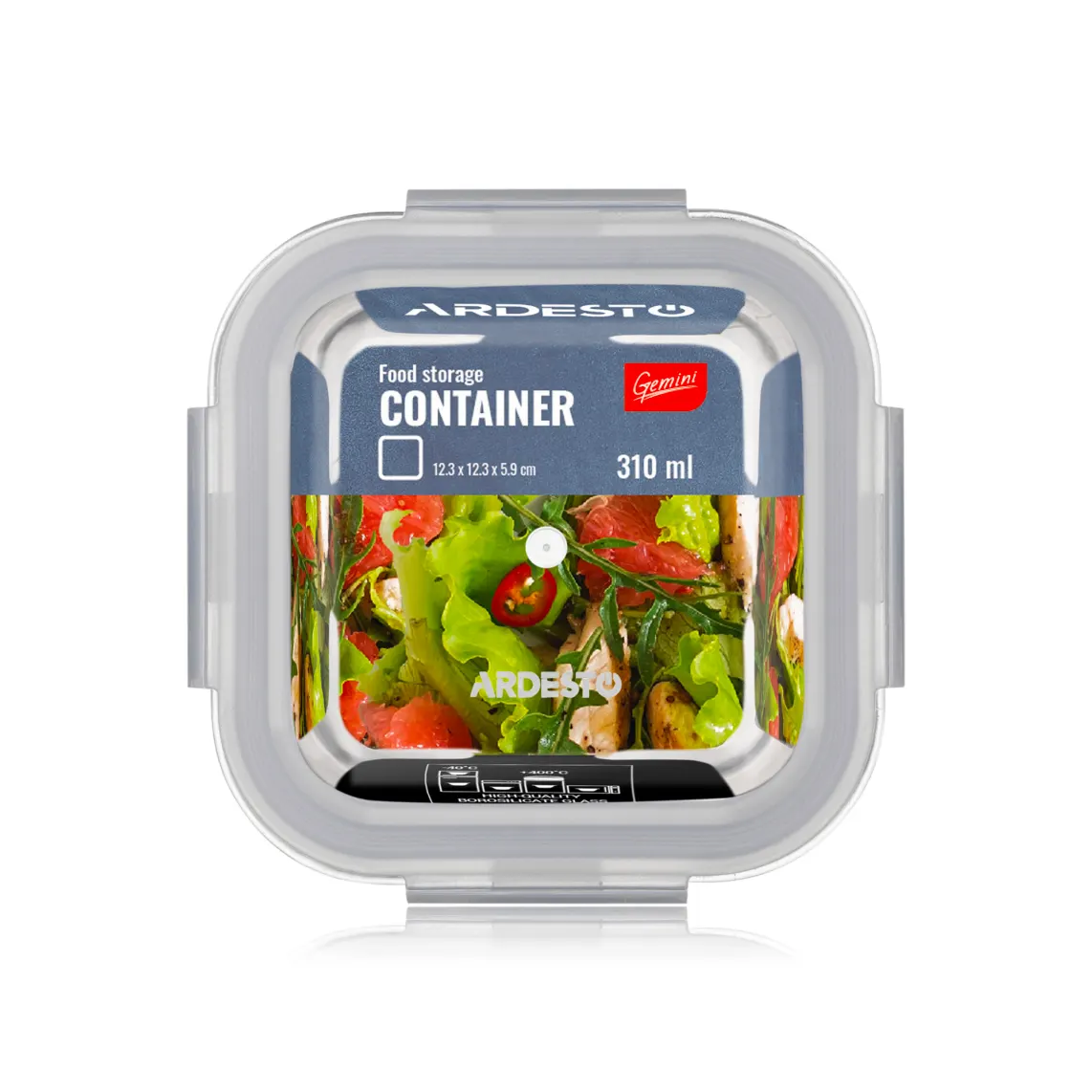 საკვების კონტეინერი Ardesto Food storage container Gemini 0.31l, borosilicate glass, plastic, square, transparent