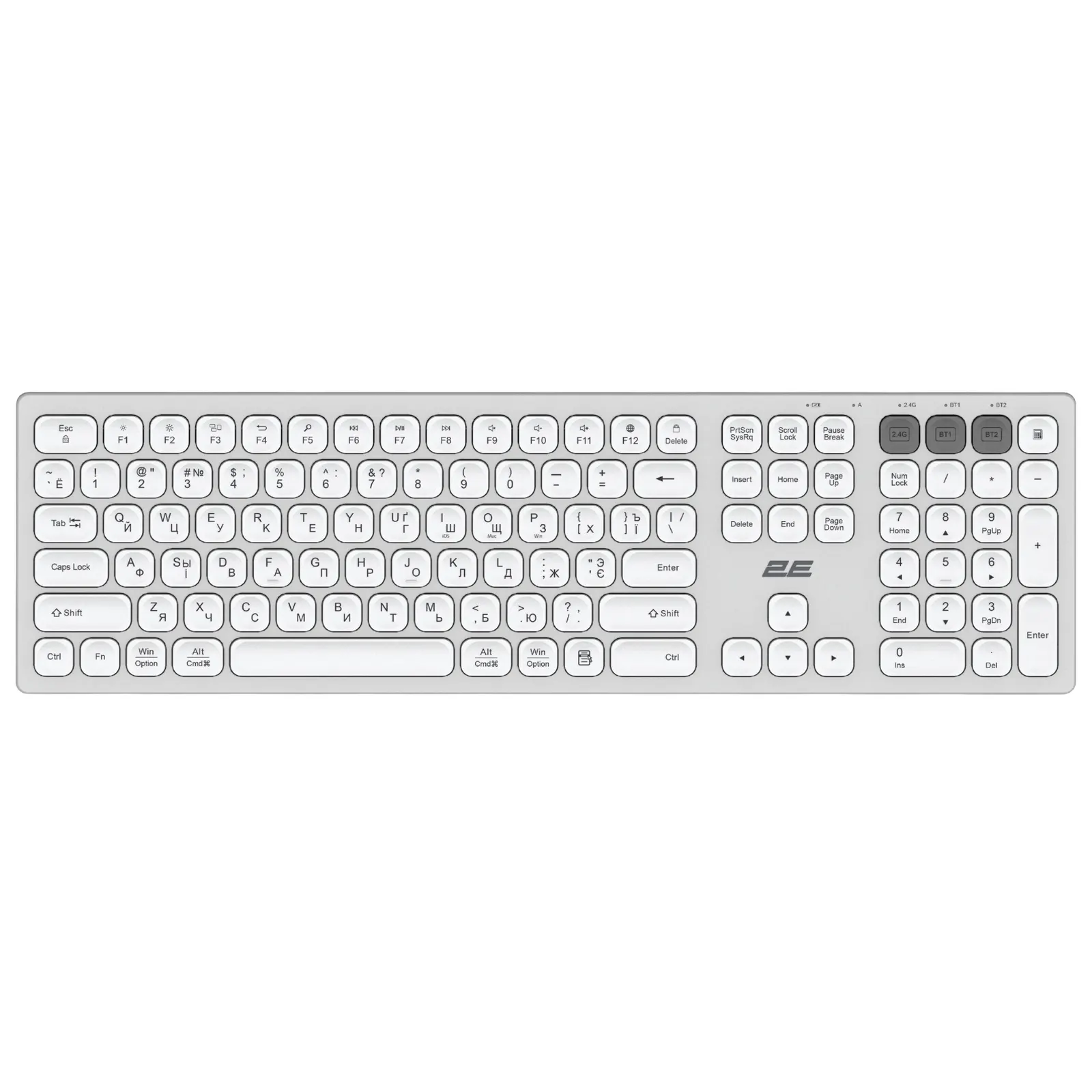 კლავიატურა 2E Keyboard membrane KS270 105key, WL/BT, EN/UK/RU, silver-white