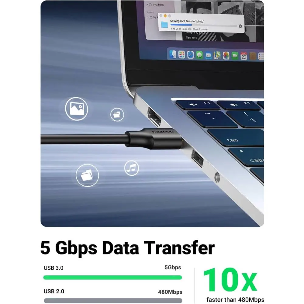 USB დამაგრძელებელი UGREEN US129 (30127), USB 3.0 Male to USB Female, Extension Male Cable, 3m, Black