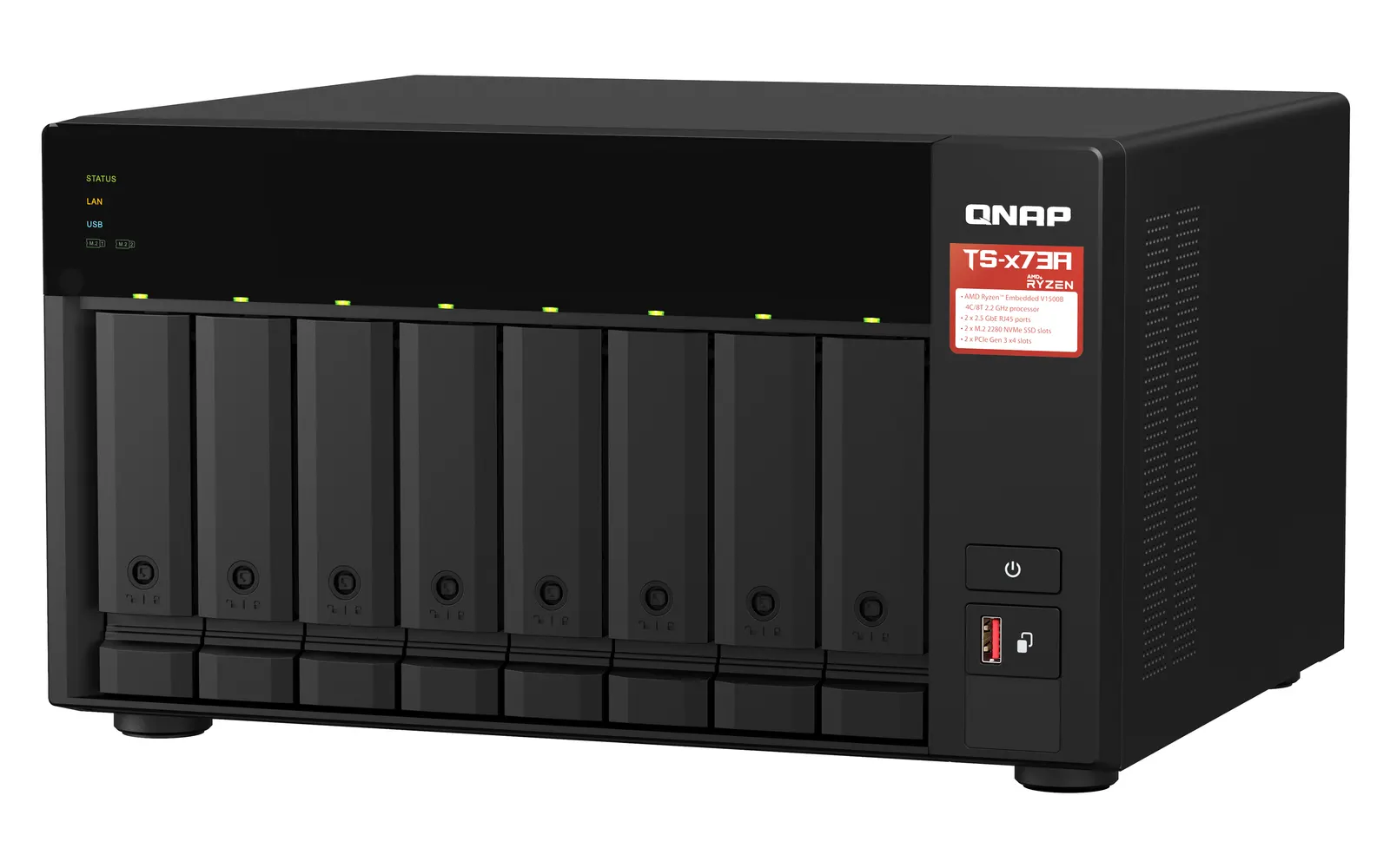 8-bay NAS, AMD Ryzen V1000 series V1500B 4C/8T 2.2GHz, 8GB DDR4 RAM (2 x SODIMM slots, max. 64GB, optional ECC RAM support), 8x SATA 6Gb/s bays, 2x M.