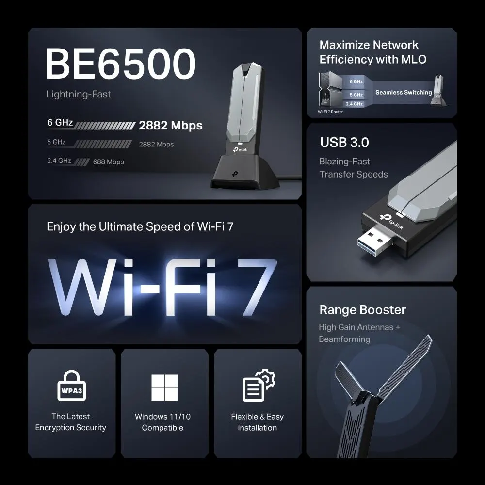 TP-Link, Archer TBE400UH, BE6500 Wi-Fi 7 High Gain Wireless USB Adapter