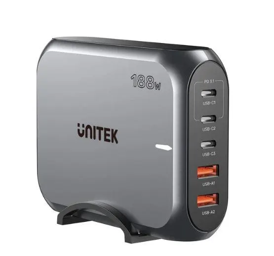 დამტენი P1234A, UNITEK, Charger, 188W 5-in-1 PD3.1 Desktop Charging Station (2*Type C 140W+Type C 30W+USB 30W+USB 18W), 1.5M Power C